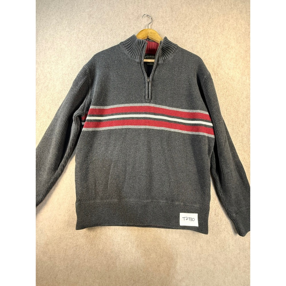 Eddie Bauer Mens Large Gray Ribbed Quarter Zip Sweater Red Stripe Mock Neck